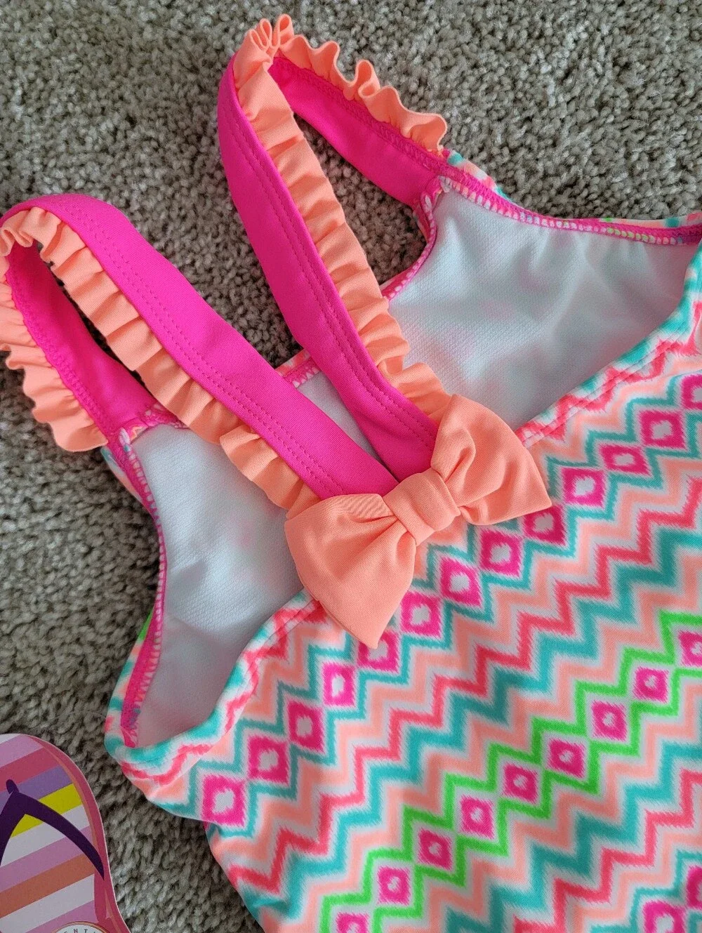 J. Khaki Girls NWT Neon Chevron Ruffle Back Bow One Piece Swimsuit
